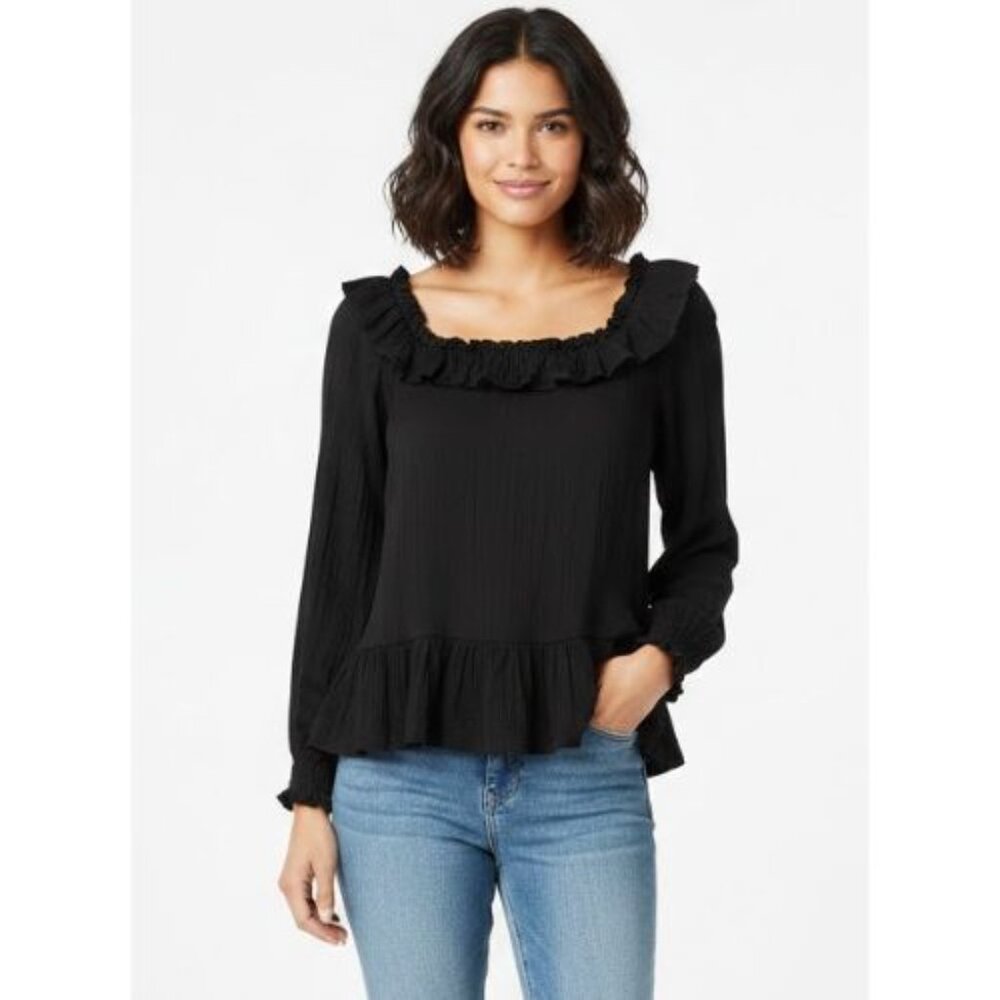 Loft Outlet Elegant Black Ruffled Women's Blouse Long Sleeve Large